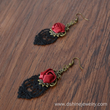 Black Lace Earrings For Women With Rose Alloy Hook Earring